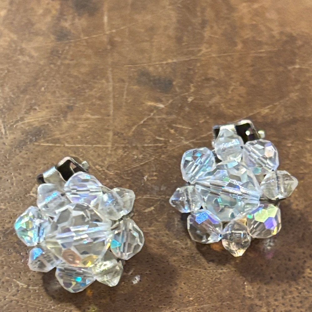 Vintage Clip On Earrings AB Crystal Clusters